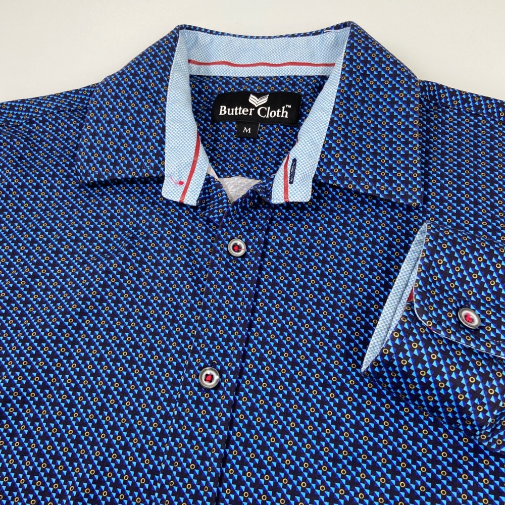 Butter Cloth Mens M Blue Button Up Shirt Excellent Geometric Long Sleeve Cotton